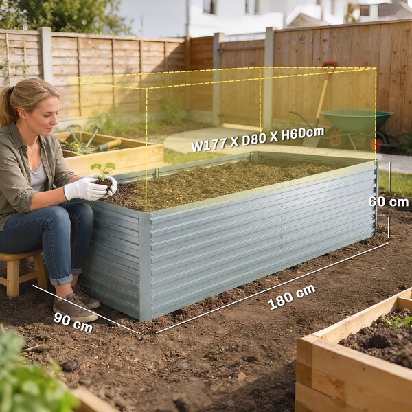 Outsunny pozinkovaný vyvýšený záhon 2 ks 180 × 90 × 60 cm — obdélníkové hluboké truhlíky s podpěrnými tyčemi, otevřené dno, rukavice, sada pro zelenin