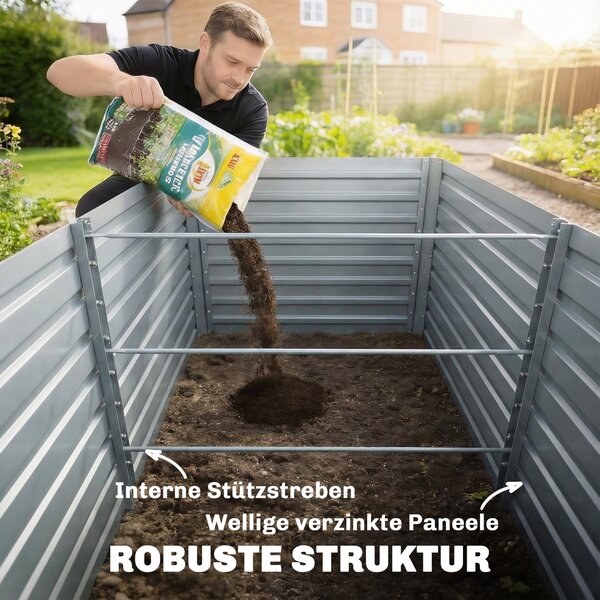 Outsunny pozinkovaný vyvýšený záhon 2 ks 180 × 90 × 60 cm — obdélníkové hluboké truhlíky s podpěrnými tyčemi, otevřené dno, rukavice, sada pro zelenin