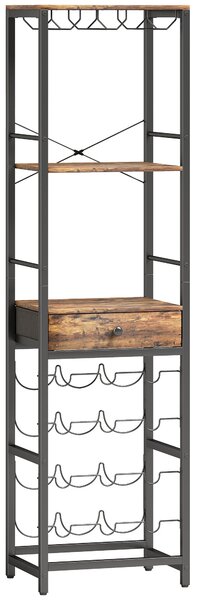 HOMCOM stojan na víno pro 12 lahví s otevřenou policí a zásuvkou, industriální kovový regál do kuchyně, obýváku i baru — 40 x 30 x 148 cm, rustikální