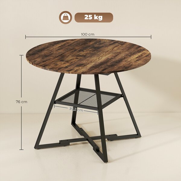 HOMCOM kulatý jídelní stůl pro 4, průměr 100 cm × výška 76 cm, industriální kuchyňský stůl s velkou deskou a odkládací polici, kovový rám, rustikální