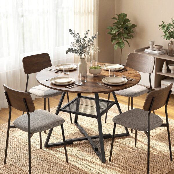 HOMCOM kulatý jídelní stůl pro 4, průměr 100 cm × výška 76 cm, industriální kuchyňský stůl s velkou deskou a odkládací polici, kovový rám, rustikální
