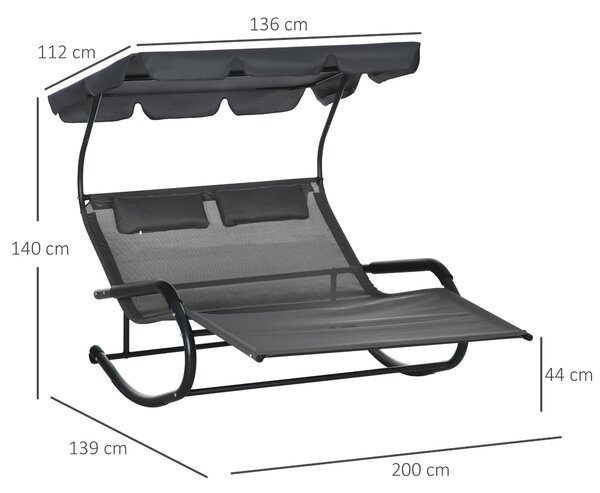 Outsunny Dvojitý sluneční lehátko, houpací lavice se slunečníkem, otočné křeslo s kolečky, sluneční lehátko s opěrkou hlavy, 220kg nosnost, pro 2 osob