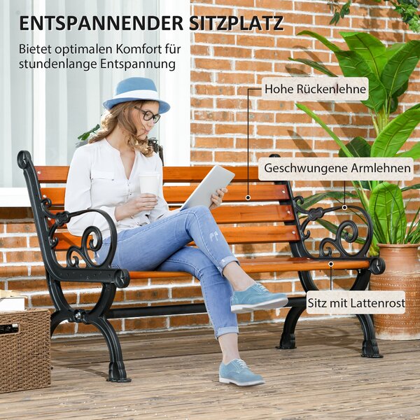 Zahradní lavice Outsunny, parková lavice, dvouosobová lavice s opěrkami, pro zahradu, balkon, odolná vůči povětrnostním vlivům, dřevo, 120 x 64 x 79 c