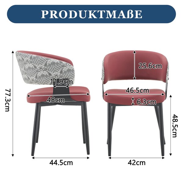 Sada dvou jídelních židlí, styl mid-century, s područkami, umělá kůže (červená)
