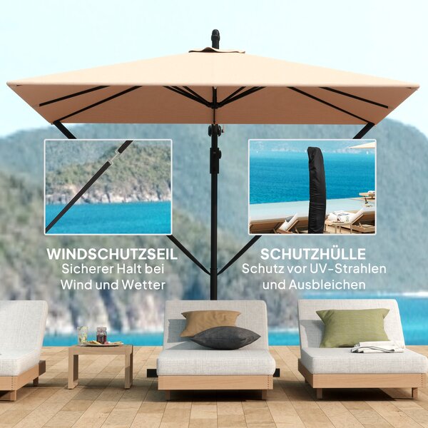 Umbrella Outsunny S Táhlem Ø260 cm s UV Ochrannou 50+ Voděodolný Slunečník s Podstavcem, Krytem, Klikou a Bezpečností proti Větru, Odklápěcí Zahradní