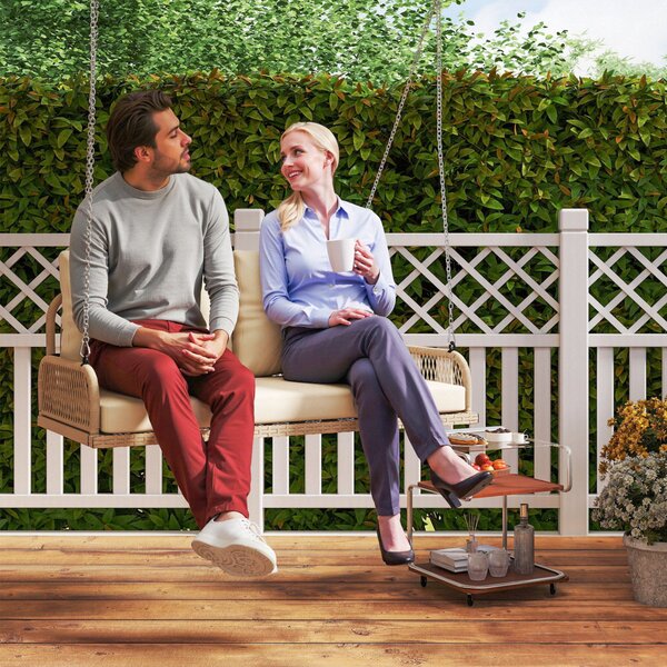 Outsunny Hollywood houpačka pro 2 osoby z rákosu se polštáři a řetězovým zavěšením, nosnost až 240 kg, houpačka do zahrady nebo na balkon 115 x 66 x 4
