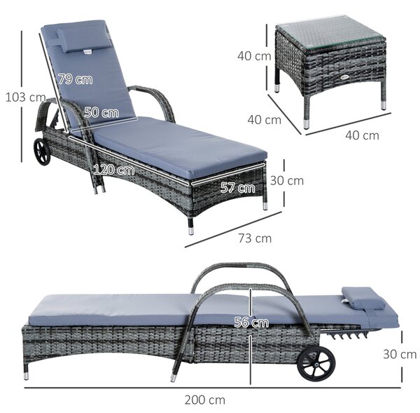Outsunny Zahradní Lehátka s Bočním Stolkem - 3-dílná Sada Zahradního Nábytku, Polyrattan+Metal Šedý | Aosom
