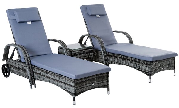 Outsunny Zahradní Lehátka s Bočním Stolkem - 3-dílná Sada Zahradního Nábytku, Polyrattan+Metal Šedý | Aosom