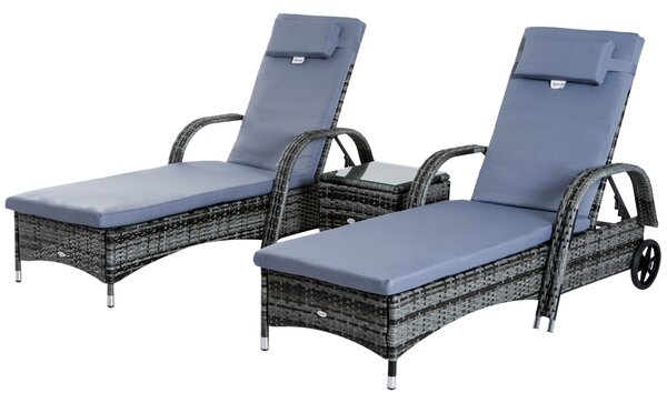 Outsunny Zahradní Lehátka s Bočním Stolkem - 3-dílná Sada Zahradního Nábytku, Polyrattan+Metal Šedý | Aosom
