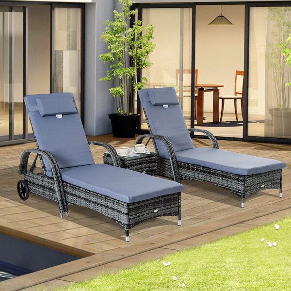 Outsunny Zahradní Lehátka s Bočním Stolkem - 3-dílná Sada Zahradního Nábytku, Polyrattan+Metal Šedý | Aosom