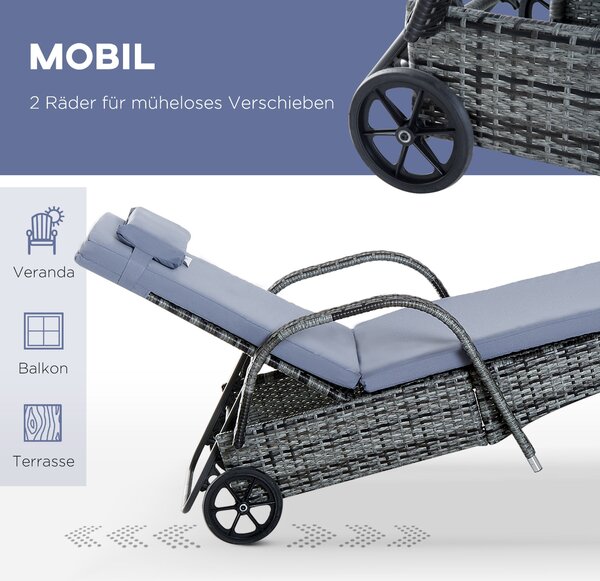 Outsunny Zahradní Lehátka s Bočním Stolkem - 3-dílná Sada Zahradního Nábytku, Polyrattan+Metal Šedý | Aosom