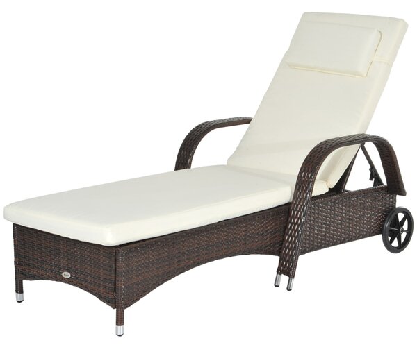 Outsunny Zahradní Lehátko z Polyrattanu s 5stupňově Nastavitelným Opěradlem, Polstrem, Kolíčky, Vankúšom, Nosnost 160kg, 200x73x30-103cm, Kávově hnědá