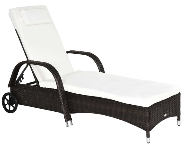 Outsunny Zahradní Lehátko z Polyrattanu s 5stupňově Nastavitelným Opěradlem, Polstrem, Kolíčky, Vankúšom, Nosnost 160kg, 200x73x30-103cm, Kávově hnědá