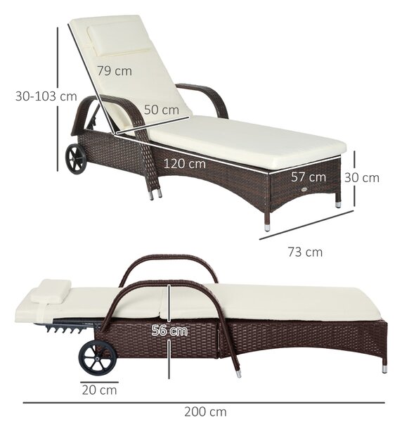 Outsunny Zahradní Lehátko z Polyrattanu s 5stupňově Nastavitelným Opěradlem, Polstrem, Kolíčky, Vankúšom, Nosnost 160kg, 200x73x30-103cm, Kávově hnědá