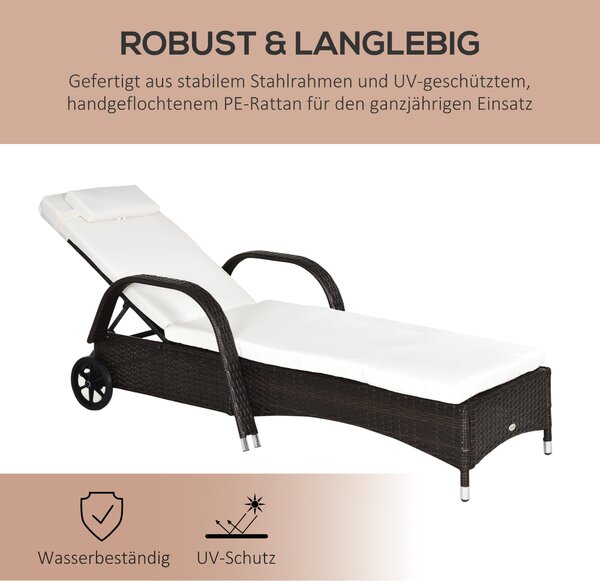 Outsunny Zahradní Lehátko z Polyrattanu s 5stupňově Nastavitelným Opěradlem, Polstrem, Kolíčky, Vankúšom, Nosnost 160kg, 200x73x30-103cm, Kávově hnědá