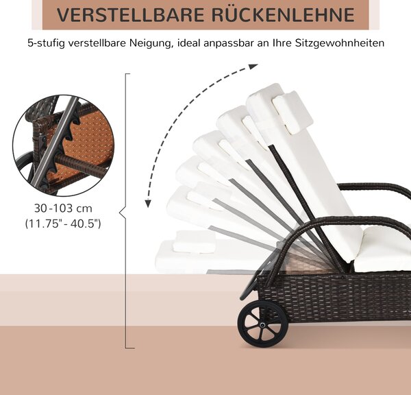 Outsunny Zahradní Lehátko z Polyrattanu s 5stupňově Nastavitelným Opěradlem, Polstrem, Kolíčky, Vankúšom, Nosnost 160kg, 200x73x30-103cm, Kávově hnědá