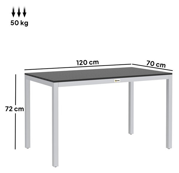 Zahradní stůl Outsunny z hliníku 120x70 cm, odolný vůči povětrnostním vlivům, se vzhledem dřeva, protiskluzový bufetový stůl pro 4-6 osob do zahrady a