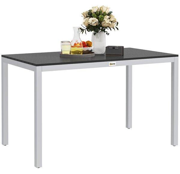 Zahradní stůl Outsunny z hliníku 120x70 cm, odolný vůči povětrnostním vlivům, se vzhledem dřeva, protiskluzový bufetový stůl pro 4-6 osob do zahrady a