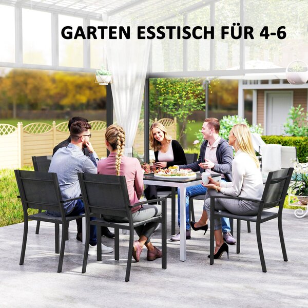 Zahradní stůl Outsunny z hliníku 120x70 cm, odolný vůči povětrnostním vlivům, se vzhledem dřeva, protiskluzový bufetový stůl pro 4-6 osob do zahrady a