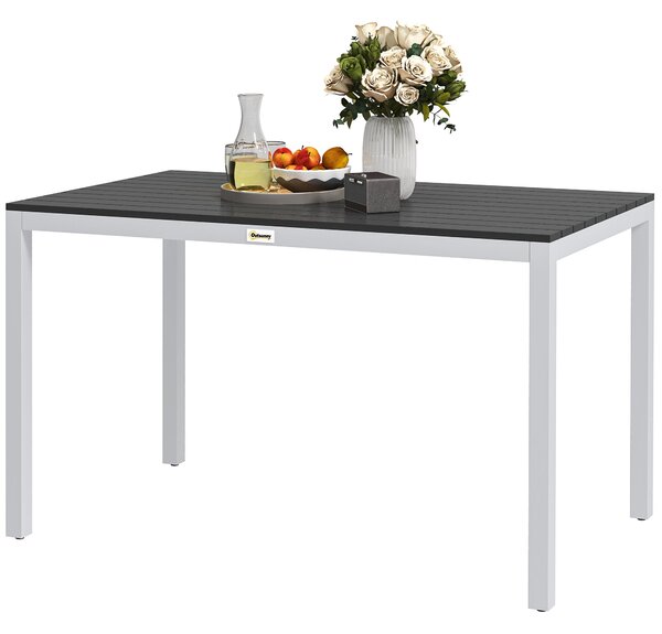 Zahradní stůl Outsunny z hliníku 120x70 cm, odolný vůči povětrnostním vlivům, se vzhledem dřeva, protiskluzový bufetový stůl pro 4-6 osob do zahrady a