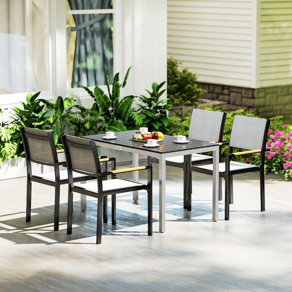 Zahradní stůl Outsunny z hliníku 120x70 cm, odolný vůči povětrnostním vlivům, se vzhledem dřeva, protiskluzový bufetový stůl pro 4-6 osob do zahrady a