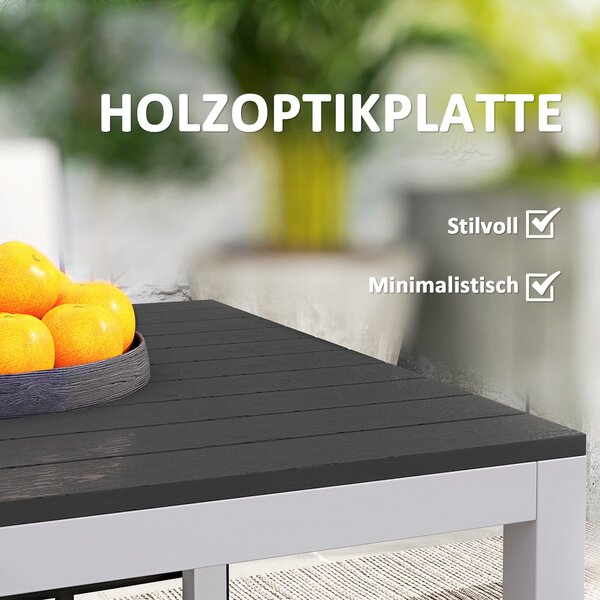Zahradní stůl Outsunny z hliníku 120x70 cm, odolný vůči povětrnostním vlivům, se vzhledem dřeva, protiskluzový bufetový stůl pro 4-6 osob do zahrady a