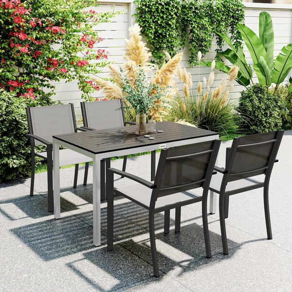 Zahradní stůl Outsunny z hliníku 120x70 cm, odolný vůči povětrnostním vlivům, se vzhledem dřeva, protiskluzový bufetový stůl pro 4-6 osob do zahrady a
