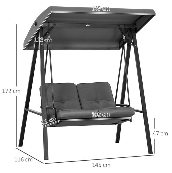 Outsunny Hollywood závěs na zahradní houpačce pro 2 osoby s nastavitelnou sluneční clonou, nosnost až 220 kg, zahradní lehátko, 145 x 116 x 172 cm, tm