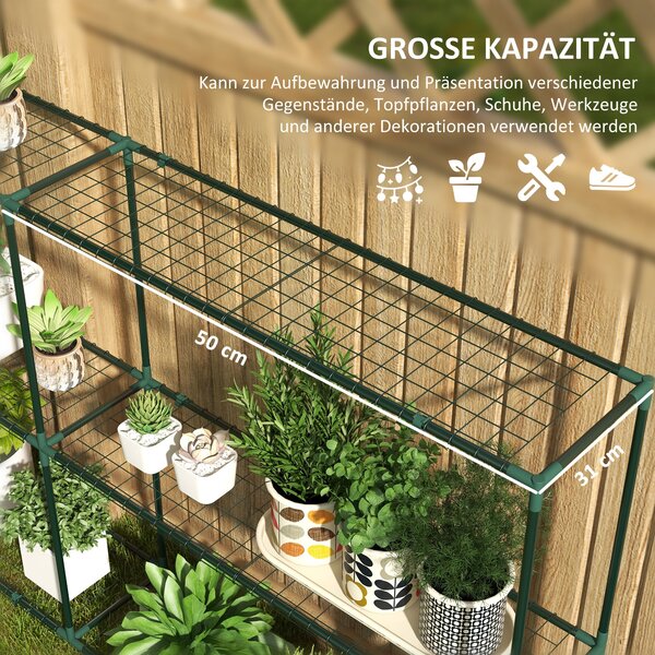 Stojan na rostliny Outsunny, květinový regál se 3 patry, stojan na rostliny, květinový stojan pro zahradu, balkon, ocel, tmavě zelený, 222 x 30 x 114