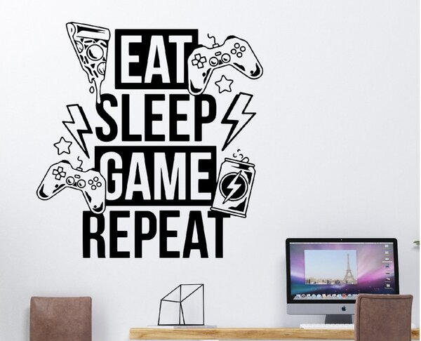 Samolepka na zeď Eat, sleep, game, repeat Barva: Černá, Rozměry samolepky ( šířka x výška ): 20 x 21 cm