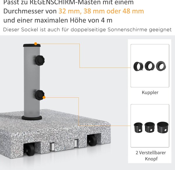 Stojan na deštník Outsunny z granitu 28 kg se dvěma otočnými knoflíky pro průměr tyče Ø 32/38/48 mm, stojan na deštník s kolečky pro zahradu, balkon