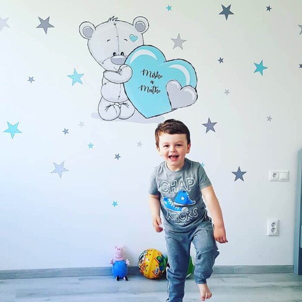 INSPIO-textilní přelepitelná samolepka - Dětské samolepky na zeď - Modrý medvídek s hvězdami a jménem
