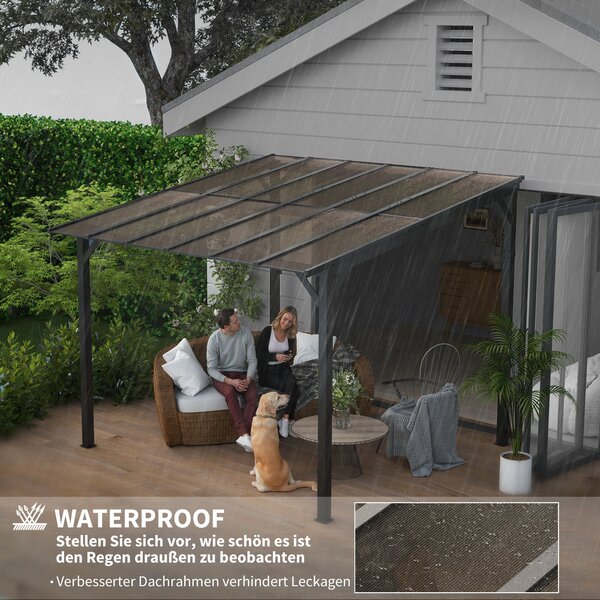 Pergola Pavilion Outsunny cca 3x3m, Voděodolný, Stabilní, Zimní zastřešení s UV ochranou 50+, Nástěnný kovový zahradní pavilon, Stínění pro zahradní t