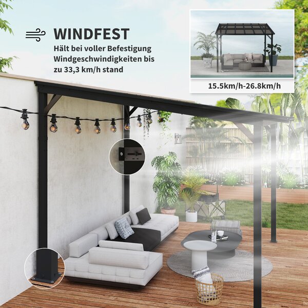 Pergola Pavilion Outsunny cca 3x3m, Voděodolný, Stabilní, Zimní zastřešení s UV ochranou 50+, Nástěnný kovový zahradní pavilon, Stínění pro zahradní t