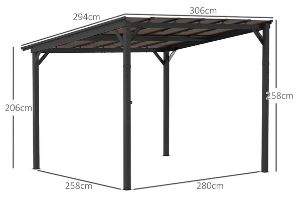 Pergola Pavilion Outsunny cca 3x3m, Voděodolný, Stabilní, Zimní zastřešení s UV ochranou 50+, Nástěnný kovový zahradní pavilon, Stínění pro zahradní t