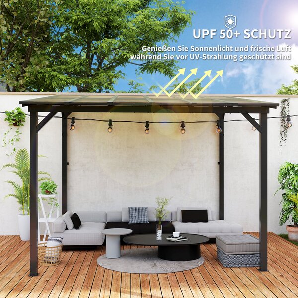 Pergola Pavilion Outsunny cca 3x3m, Voděodolný, Stabilní, Zimní zastřešení s UV ochranou 50+, Nástěnný kovový zahradní pavilon, Stínění pro zahradní t