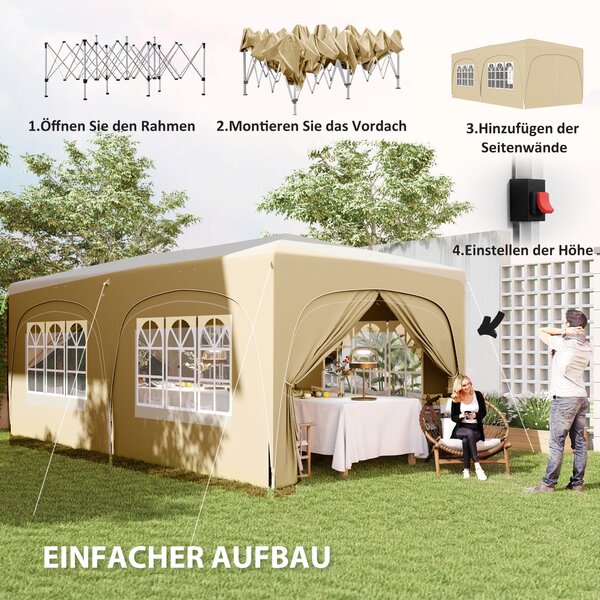 Pavilon Outsunny přibližně 3x6m, voděodolný stabilní zimní stan s rychlým rozkladem a skládacím designem, UV ochrana 50+, skládací párty stan s 6 bočn