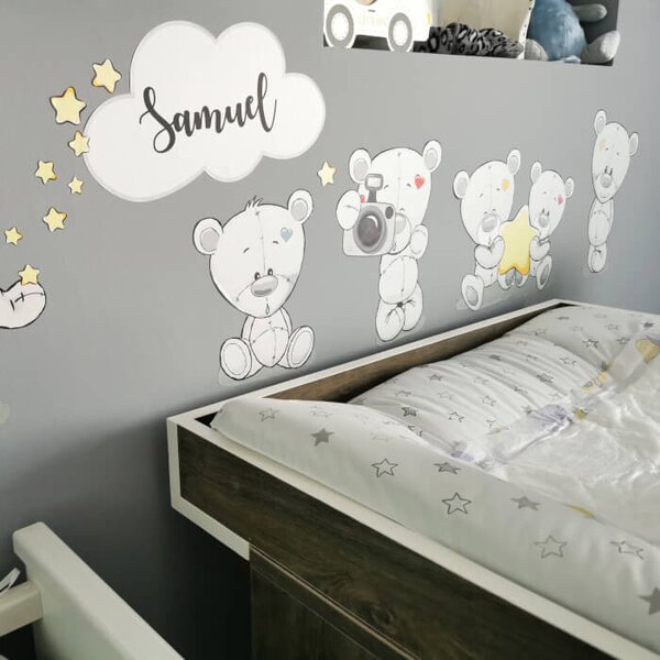 INSPIO-textilní přelepitelná samolepka - Samolepky na zeď - Plyšoví medvídci se jménem nad postýlku