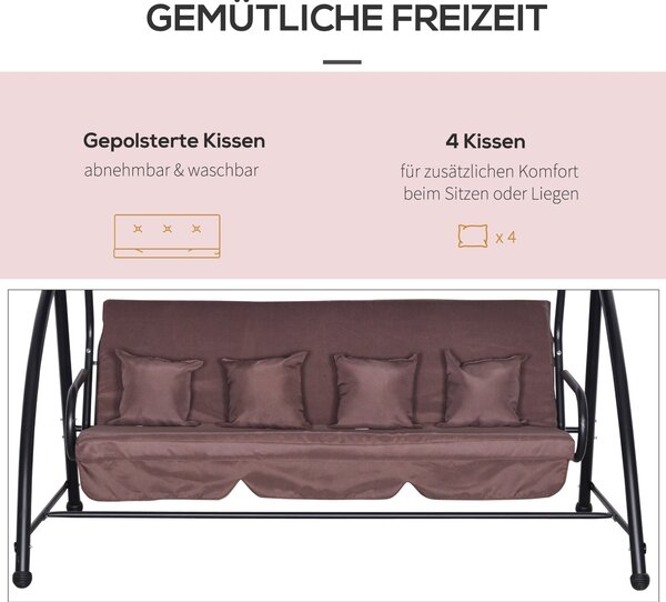 Outsunny Hollywoodská houpačka do zahrady, závěsná lavička pro 3 osoby s nastavitelnou střechou a funkcí lehátka, polyester hnědý 215 x 120 x 165 cm |