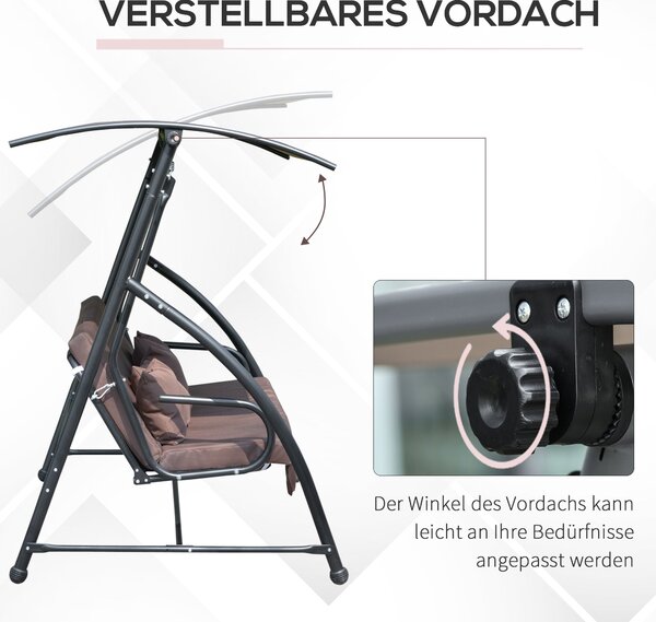 Outsunny Hollywoodská houpačka do zahrady, závěsná lavička pro 3 osoby s nastavitelnou střechou a funkcí lehátka, polyester hnědý 215 x 120 x 165 cm |