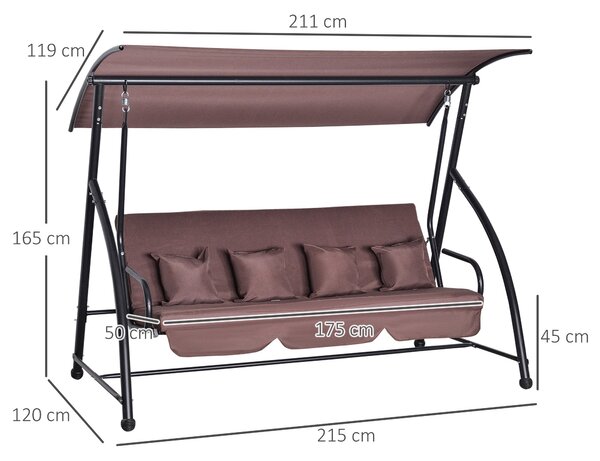 Outsunny Hollywoodská houpačka do zahrady, závěsná lavička pro 3 osoby s nastavitelnou střechou a funkcí lehátka, polyester hnědý 215 x 120 x 165 cm |
