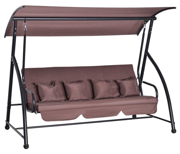 Outsunny Hollywoodská houpačka do zahrady, závěsná lavička pro 3 osoby s nastavitelnou střechou a funkcí lehátka, polyester hnědý 215 x 120 x 165 cm |