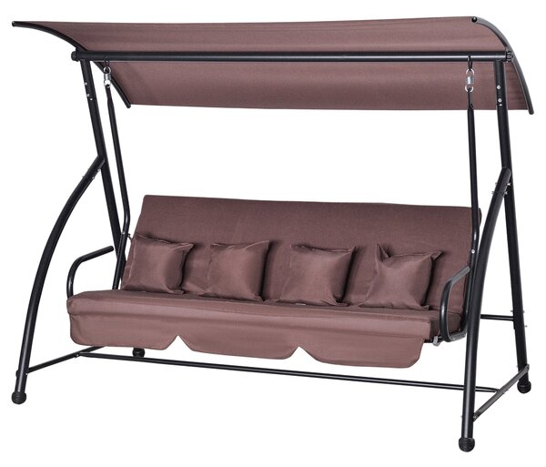 Outsunny Hollywoodská houpačka do zahrady, závěsná lavička pro 3 osoby s nastavitelnou střechou a funkcí lehátka, polyester hnědý 215 x 120 x 165 cm |