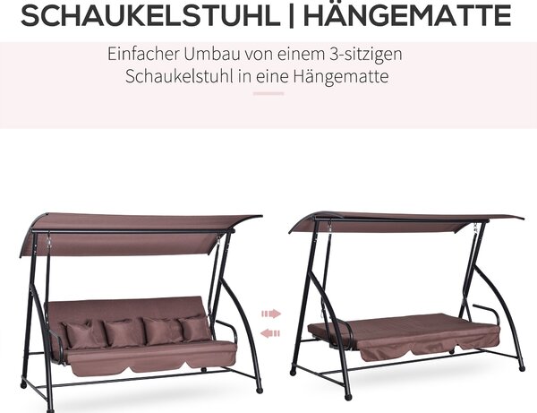Outsunny Hollywoodská houpačka do zahrady, závěsná lavička pro 3 osoby s nastavitelnou střechou a funkcí lehátka, polyester hnědý 215 x 120 x 165 cm |