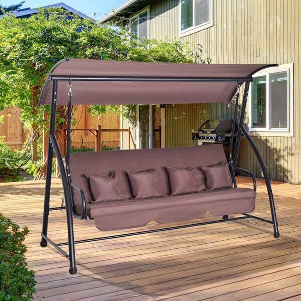 Outsunny Hollywoodská houpačka do zahrady, závěsná lavička pro 3 osoby s nastavitelnou střechou a funkcí lehátka, polyester hnědý 215 x 120 x 165 cm |