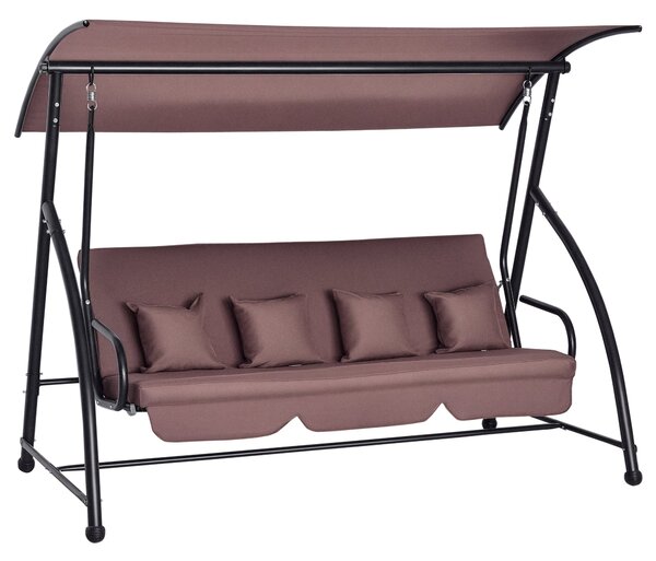 Outsunny Hollywoodská houpačka do zahrady, závěsná lavička pro 3 osoby s nastavitelnou střechou a funkcí lehátka, polyester hnědý 215 x 120 x 165 cm |