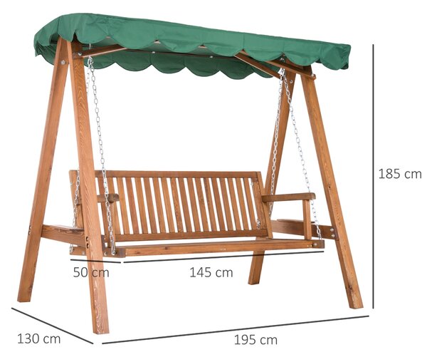 Outsunny 3-místný zahradní lehátko s nepromokavou markýzou a 2 bočními policemi 1,9L x 1,3W x 1,85H m Maximální nosnost 360 kg Borové dřevo Zelené | A