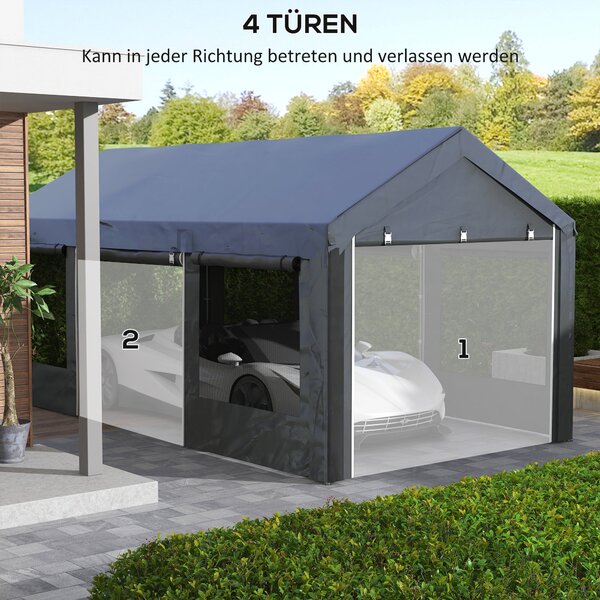 Outsunny Carport, přibližně 6 x 3 m party stan, nastavitelná výška garáže pro auto, přístřešek s 4 síťovanými okny a 4 dveřmi, pro auto a dodávku, oce