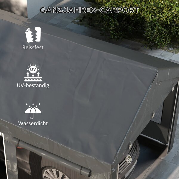 Outsunny Carport, přibližně 6 x 3 m party stan, nastavitelná výška garáže pro auto, přístřešek s 4 síťovanými okny a 4 dveřmi, pro auto a dodávku, oce