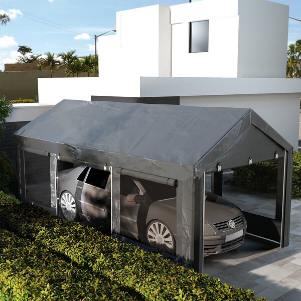 Outsunny Carport, přibližně 6 x 3 m party stan, nastavitelná výška garáže pro auto, přístřešek s 4 síťovanými okny a 4 dveřmi, pro auto a dodávku, oce